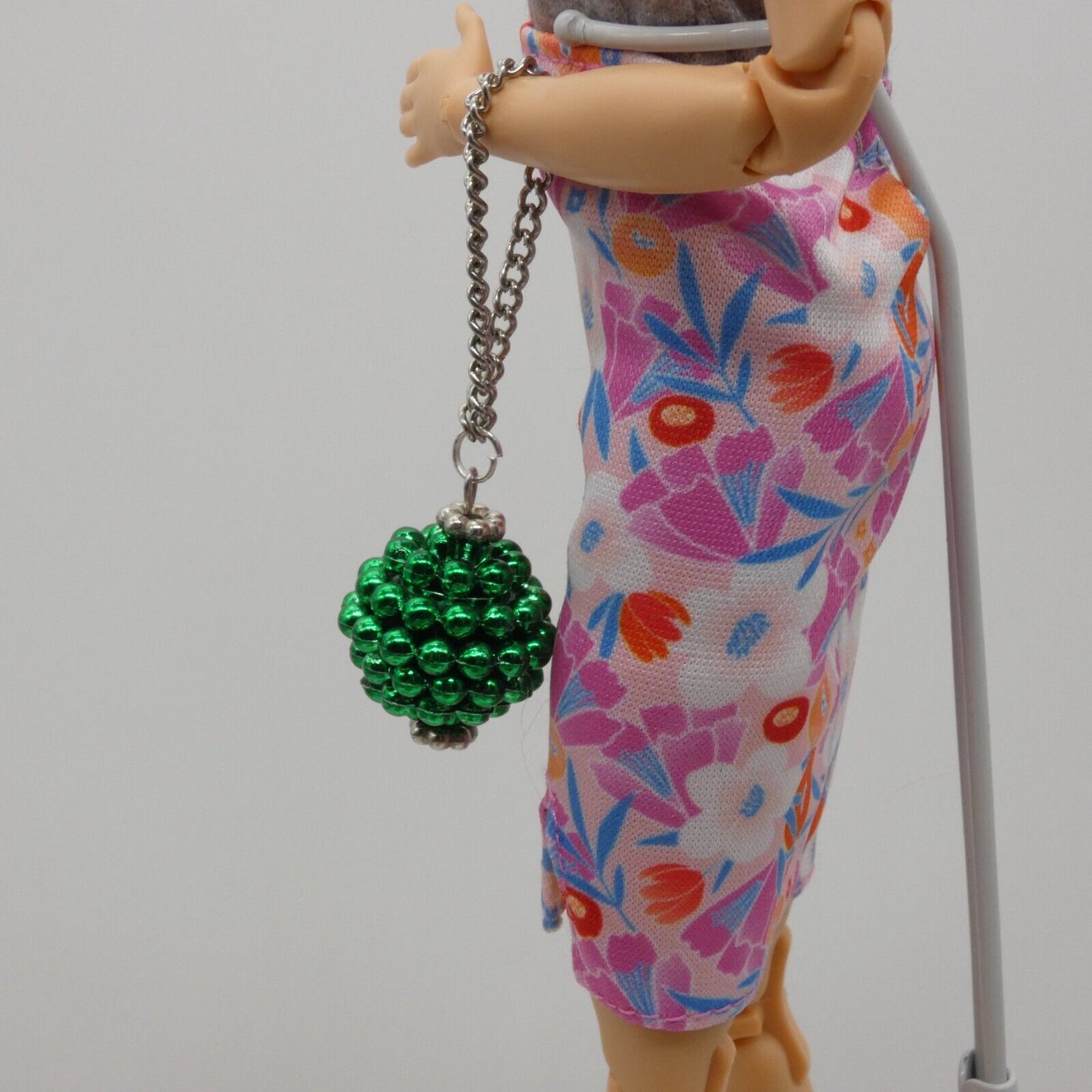 Barbie Doll Purse Handmade Green Ball Silver Chain Strap Handbag Ornament