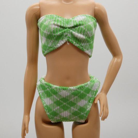 Barbie Doll Size Bikini Green White Plaid Swimsuit Two Piece Cute Bathing Suit