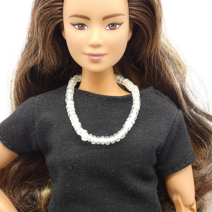 Barbie Doll Size Stacked Layered Necklace Clear Off White Beads Stretch Handmade