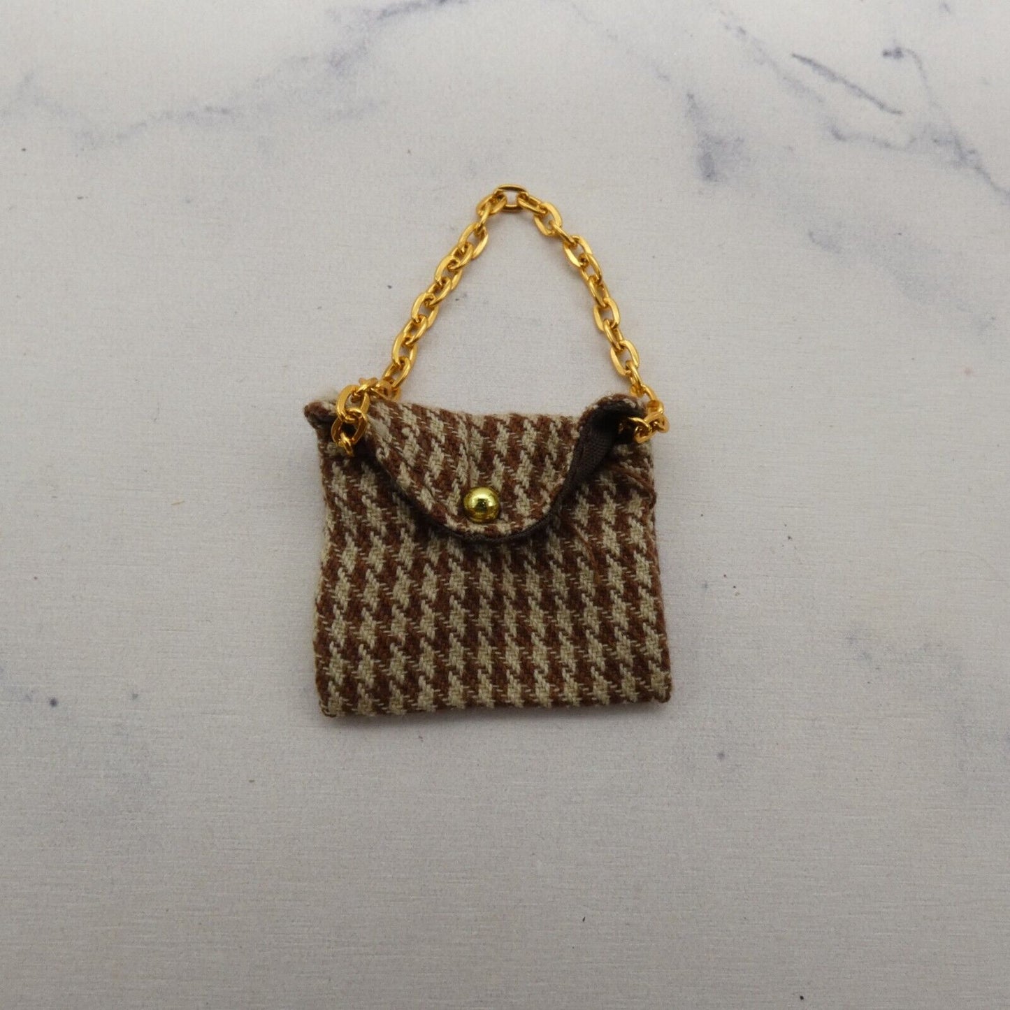 Barbie Doll Size Purse Brown Beige Houndstooth Fabric Handbag Gold Tone Chain