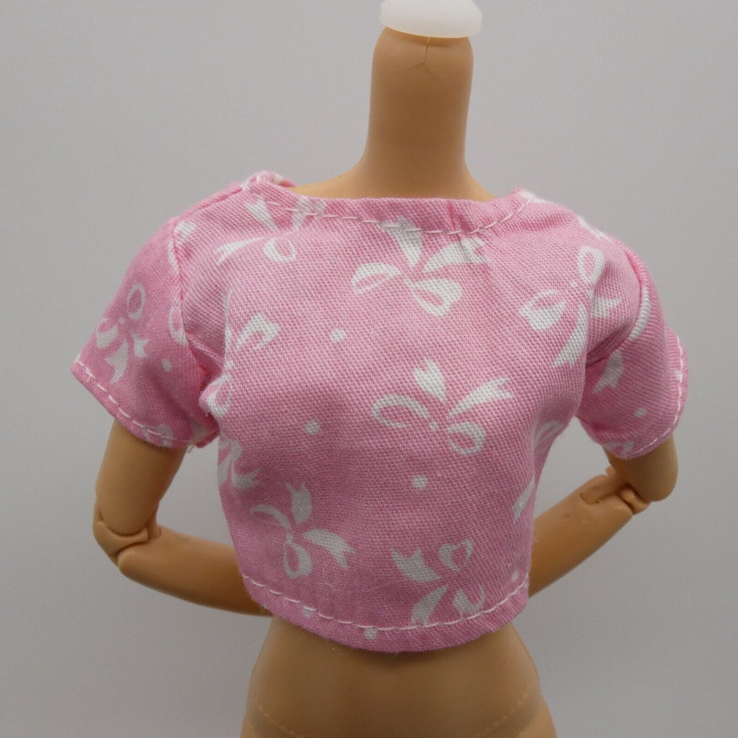 Barbie Size Doll Shirt Crop Top Pink Bow Blouse Short Sleeve Midriff Clone