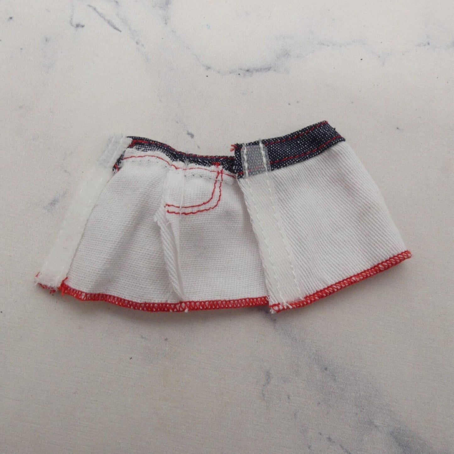 Barbie Doll Size Mini Skirt White Denim Like Blue Waistband Red Trim Fashionista