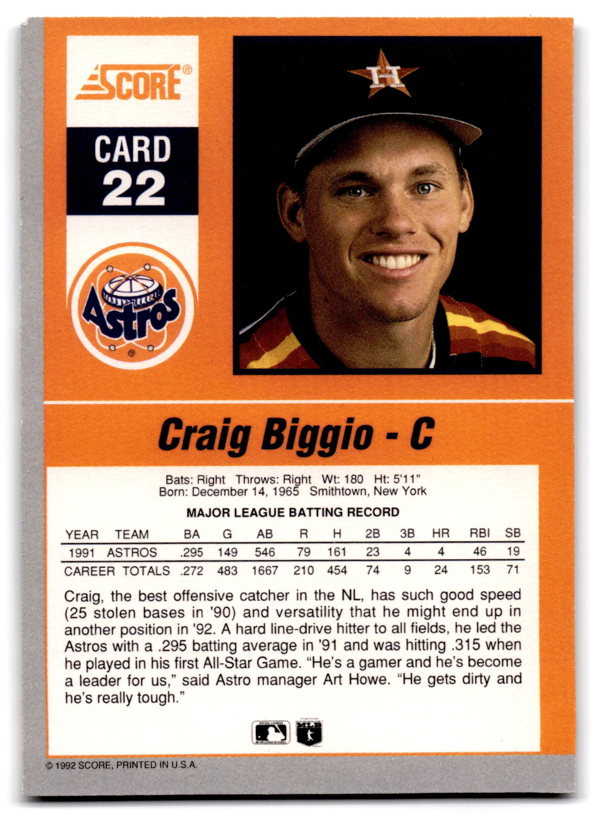 1992 Score #22 Craig Biggio Impact Players NRMT