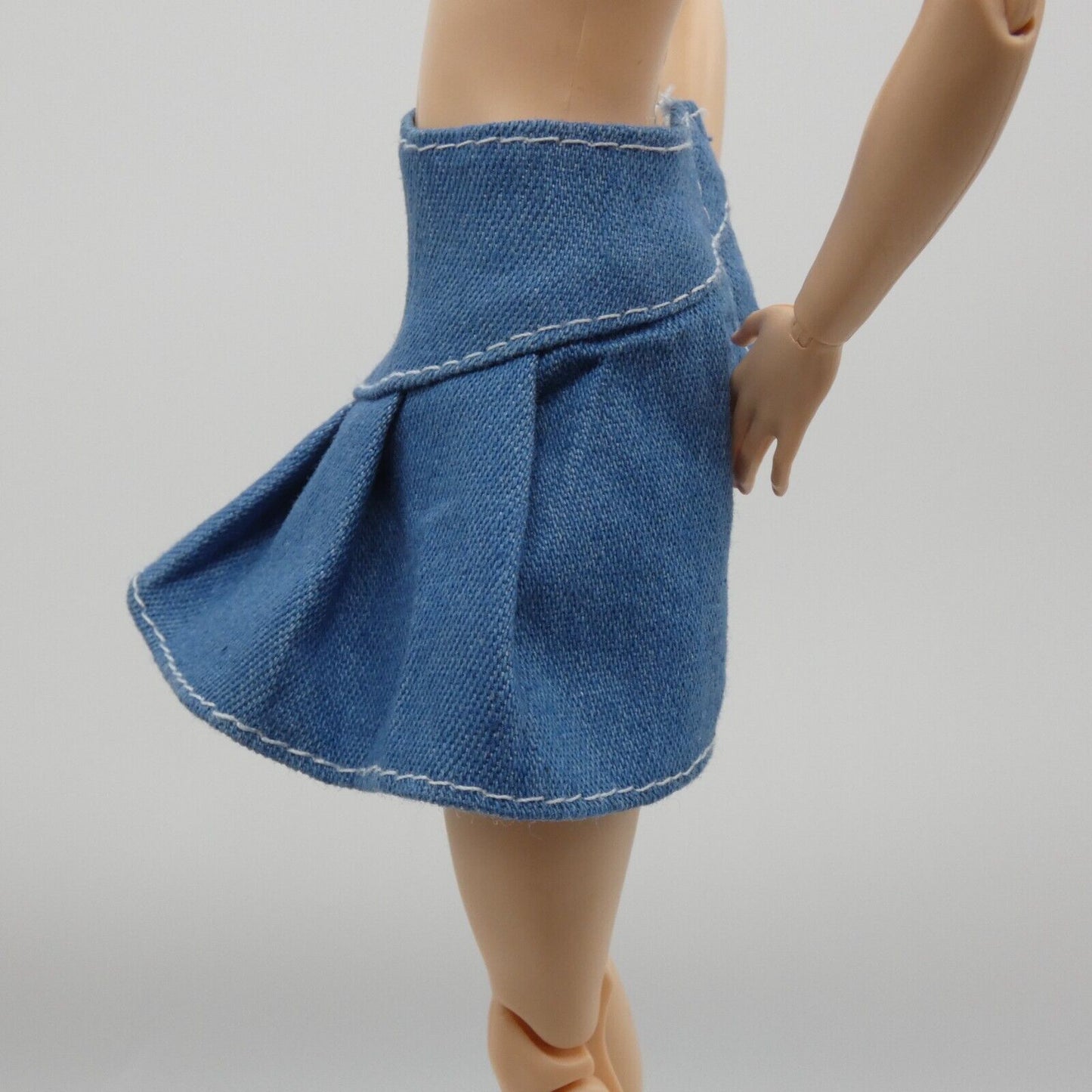 Barbie Doll Size Skirt Blue Denim Jean Pleated Mid Thigh Length A Line