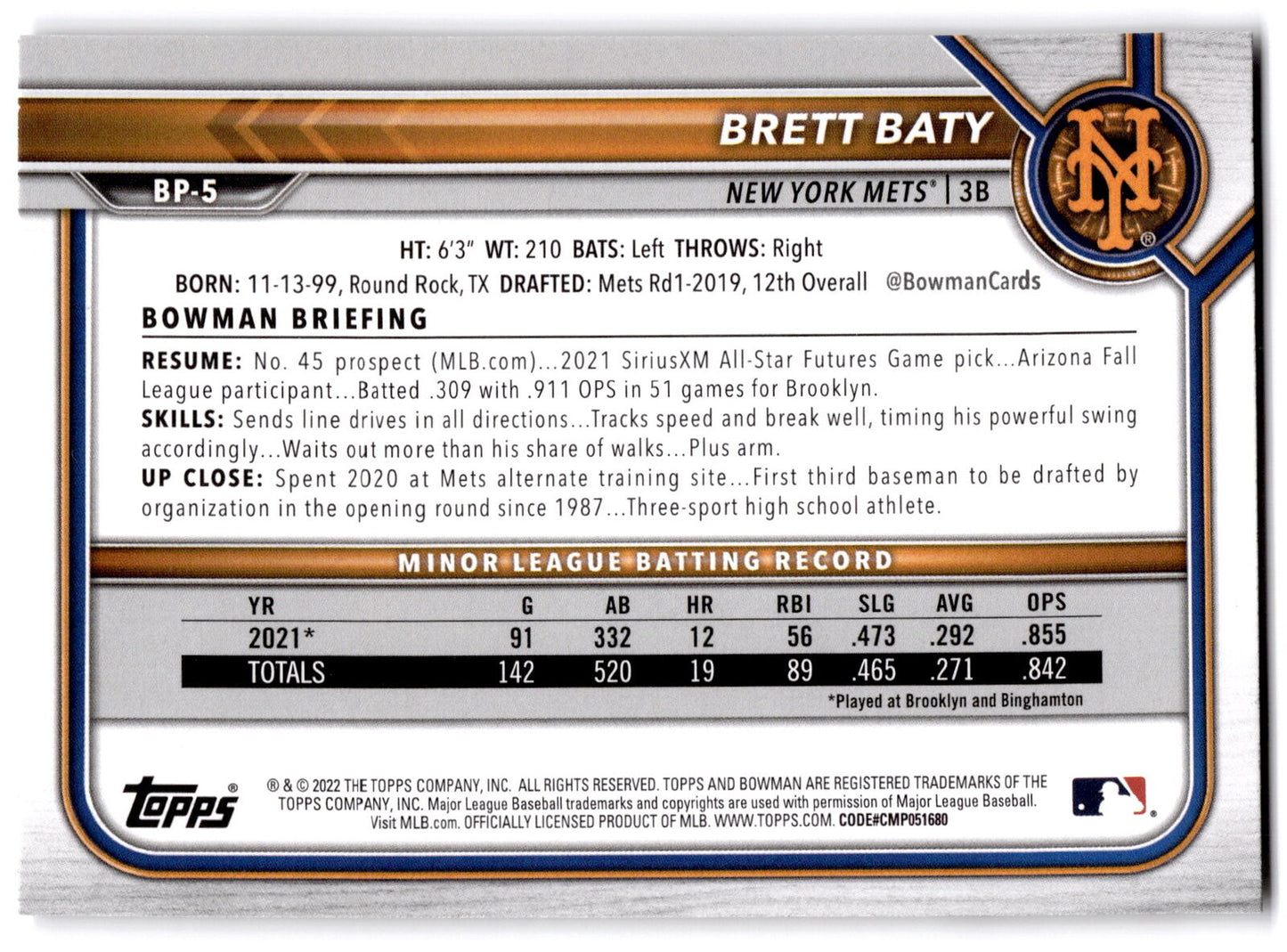 2022 Bowman #BP-5 Brett Baty Prospects 