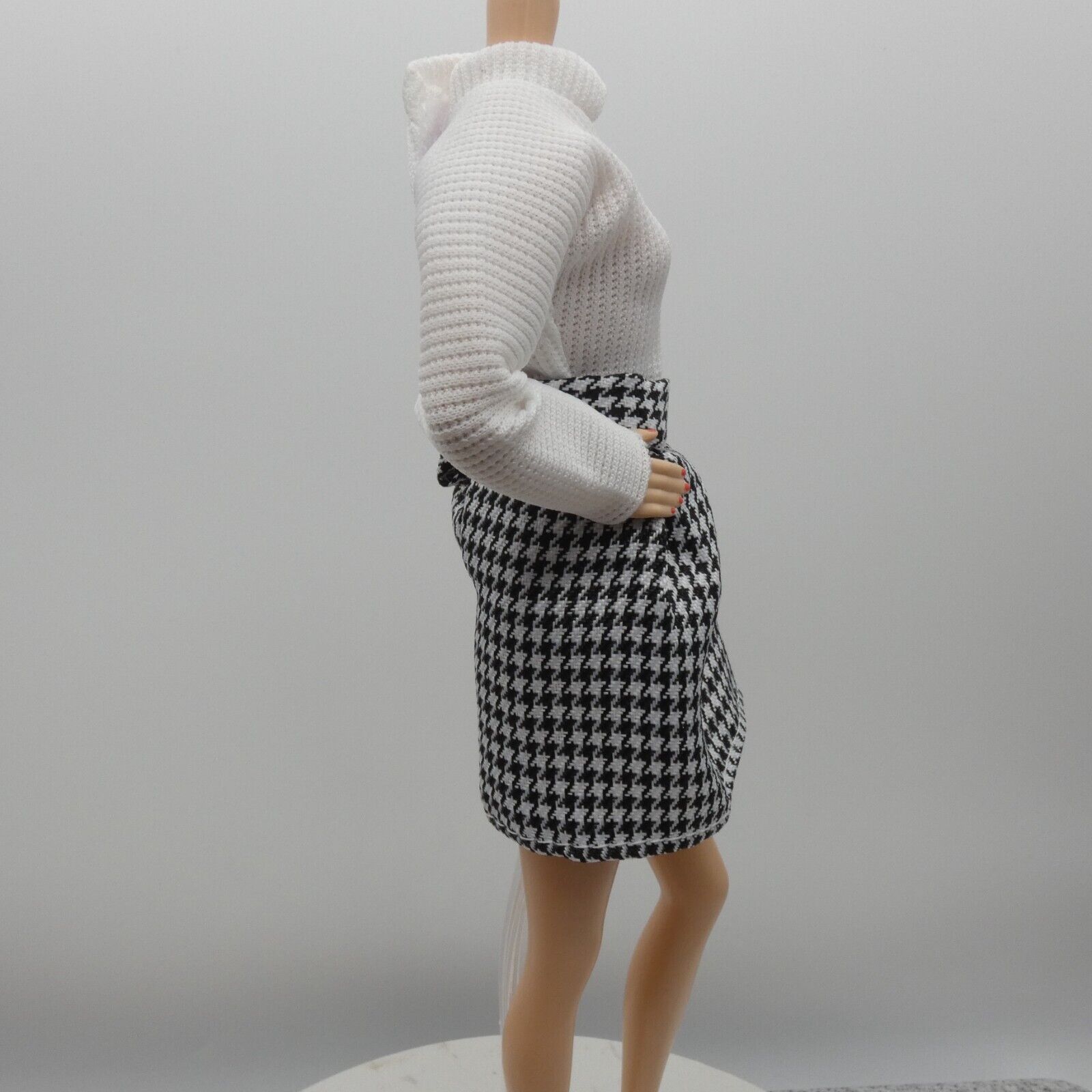 Barbie Doll Size Black White Houndstooth Dress Long Sleeve Fits Model Muse MTM