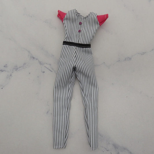 Barbie Doll Size Baseball Jersey Jumpsuit White Black Pinstripe Short Sleeve