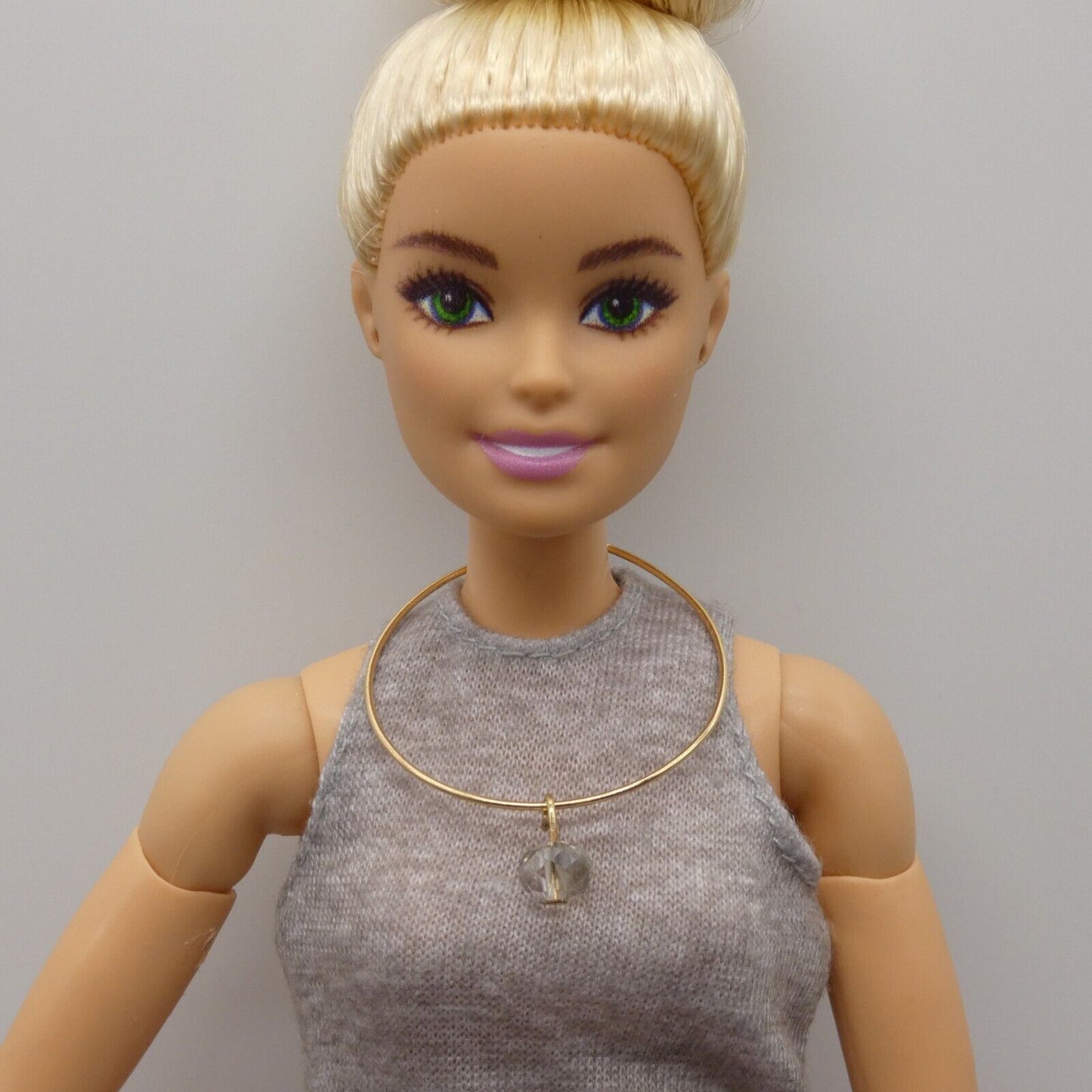 Barbie Doll Size Necklace Choker Gold Tone Band Clear Faceted Rhinestone Pendant