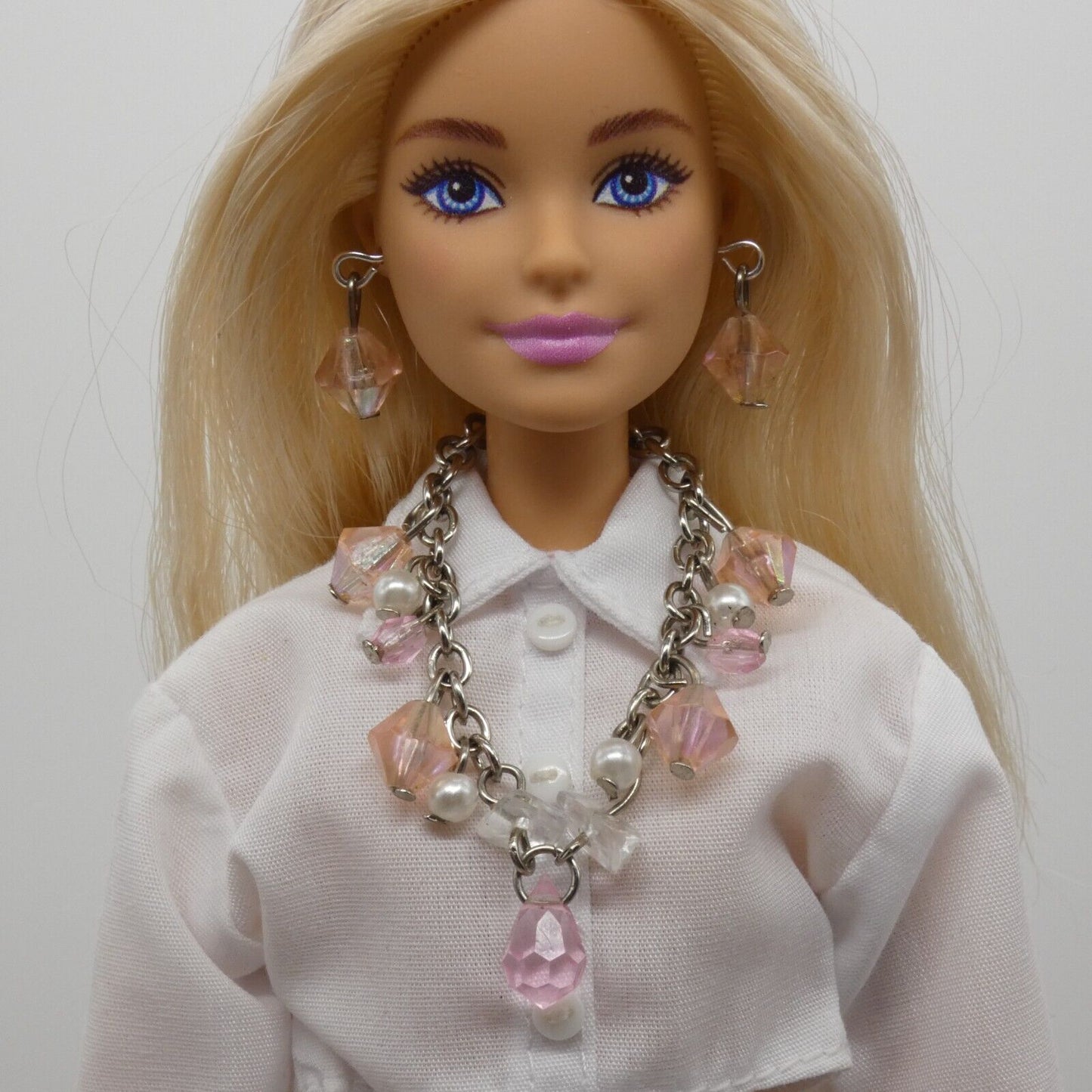 Barbie Doll Size Necklace Earrings Pink Faceted Gem Dangle Beads Silver Chain