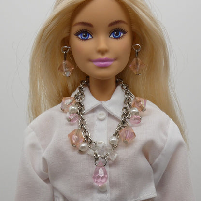 Barbie Doll Size Necklace Earrings Pink Faceted Gem Dangle Beads Silver Chain