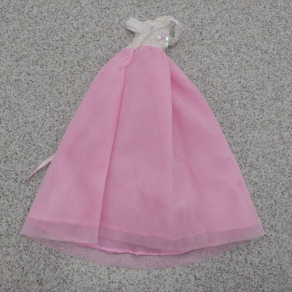 Barbie Doll Size Dress Pink Gown Silver Sequins Bodice Cold Shoulder Tulle Layer