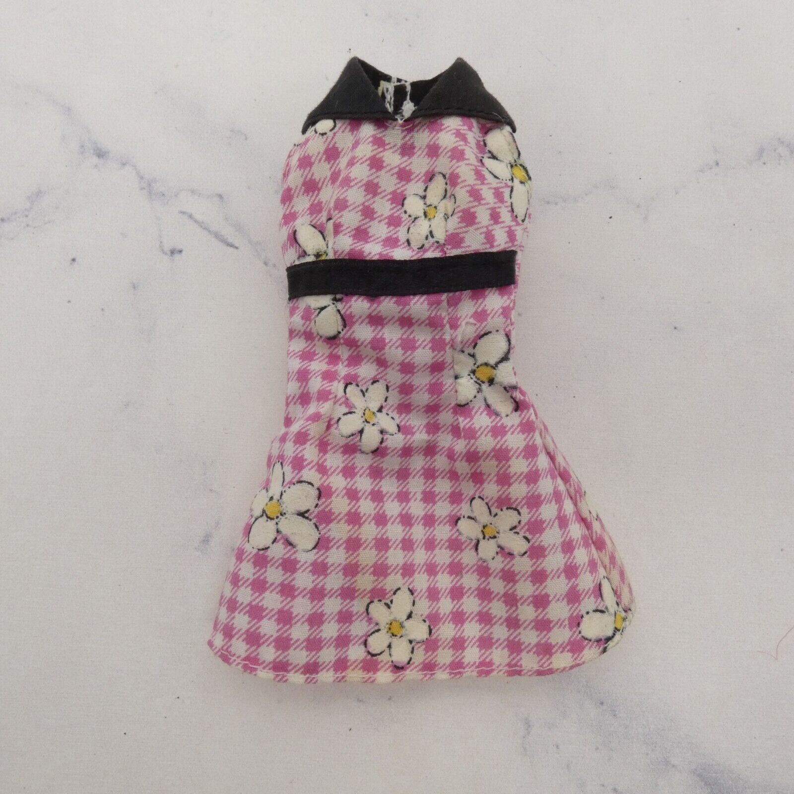 Barbie Doll Dress Pink Sleeveless Gingham Daisies Black Collar Genuine Mattel