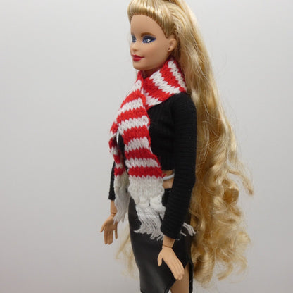 Scarf For Integrity Toys Barbie Size Doll Red White Stripe Fringe Knitted FR