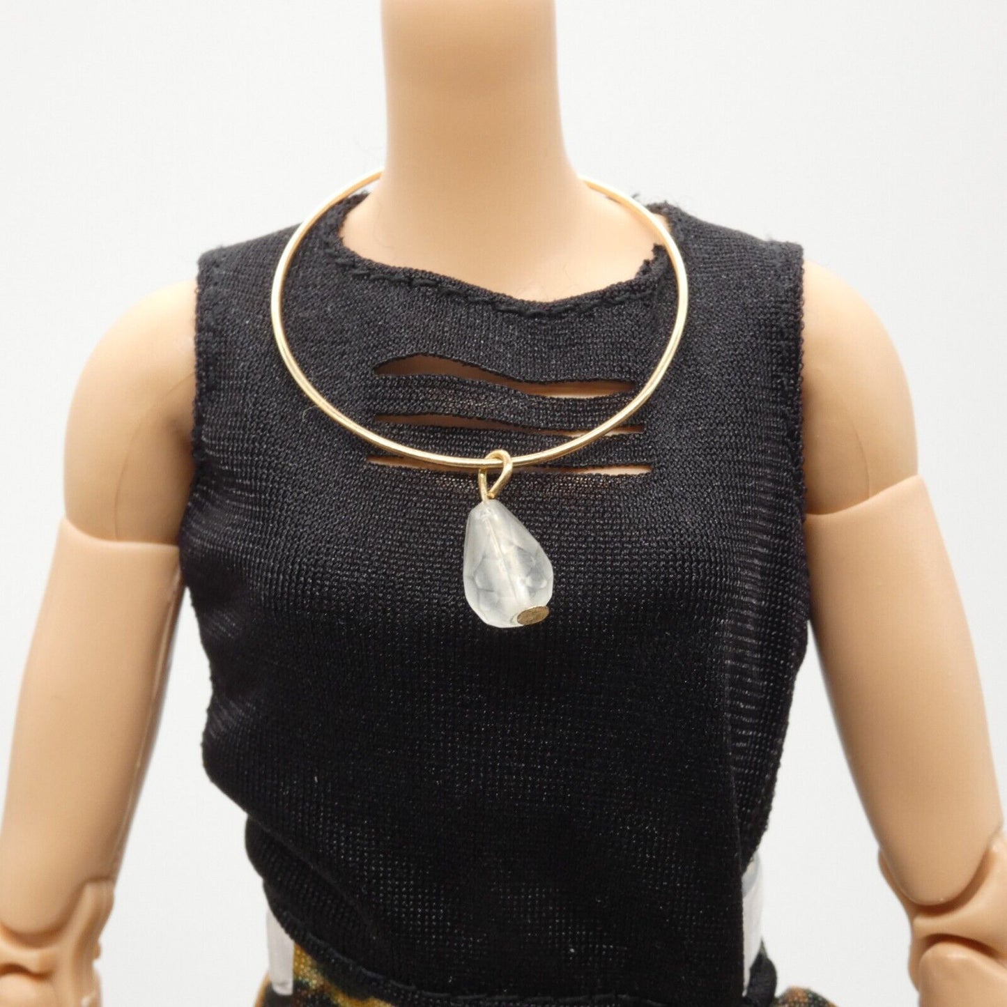 Barbie Doll Size Necklace Choker Gold Tone Band White Teardrop Pendant Fashion