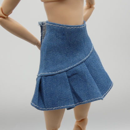 Barbie Doll Size Skirt Blue Denim Jean Pleated Mid Thigh Length A Line