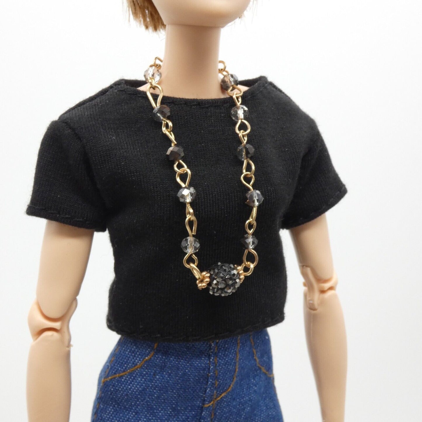 Barbie Doll Size Chain Necklace Black Rhinestone Beaded Pendant Gold Handmade