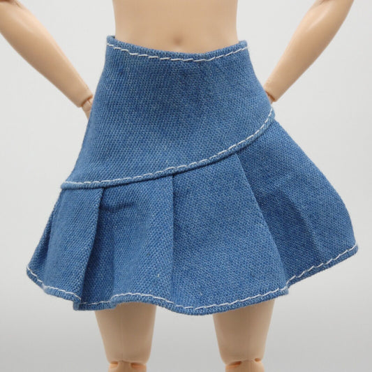 Barbie Doll Size Skirt Blue Denim Jean Pleated Mid Thigh Length A Line