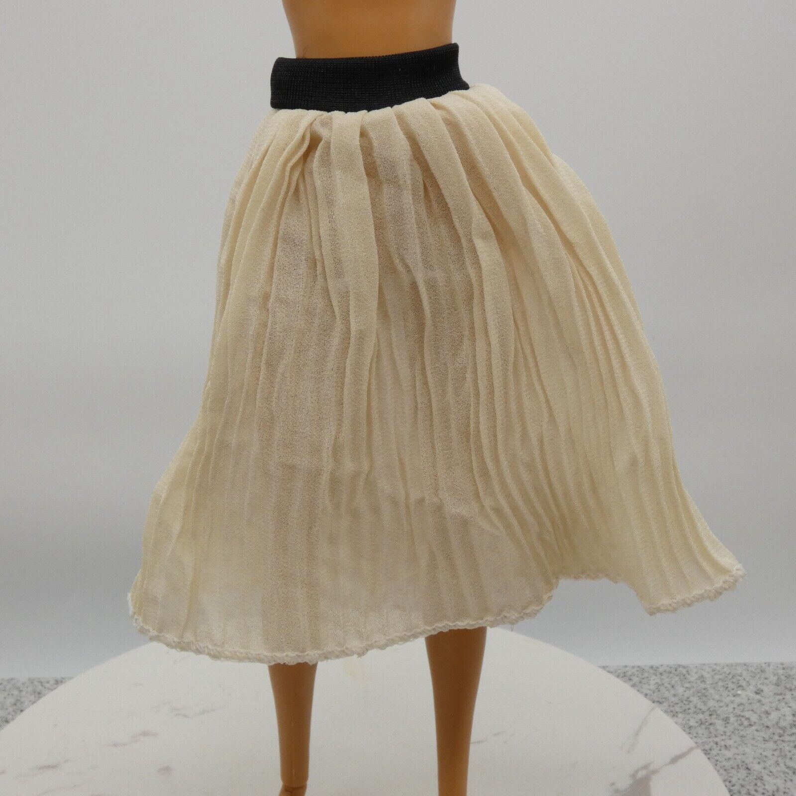 Barbie Doll Size Off White Pleated Skirt Black Waist Band Bellow The Knee