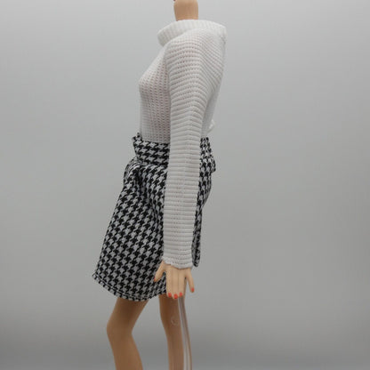 Barbie Doll Size Black White Houndstooth Dress Long Sleeve Fits Model Muse MTM