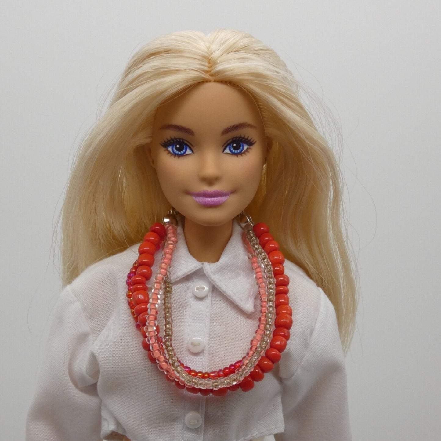 Barbie Doll Size Layered Necklace Red Pink Silver Multi-strand Handmade OOAK