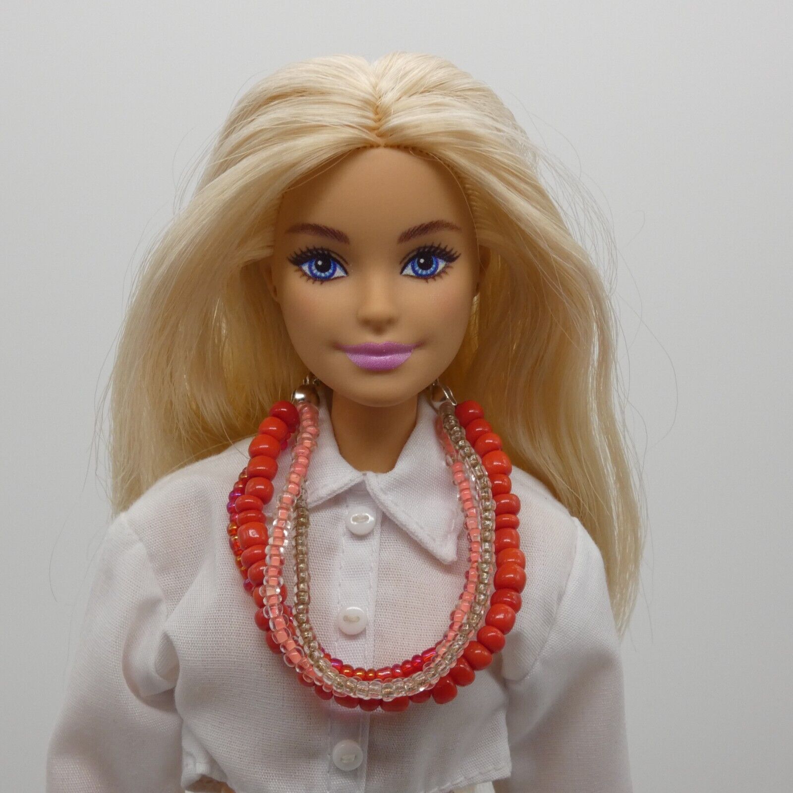 Barbie Doll Size Layered Necklace Red Pink Silver Multi-strand Handmade OOAK