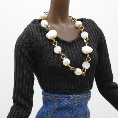 Barbie Doll Size Necklace Freshwater Pearl Gold Chain fits 11.5 Inch Handmade