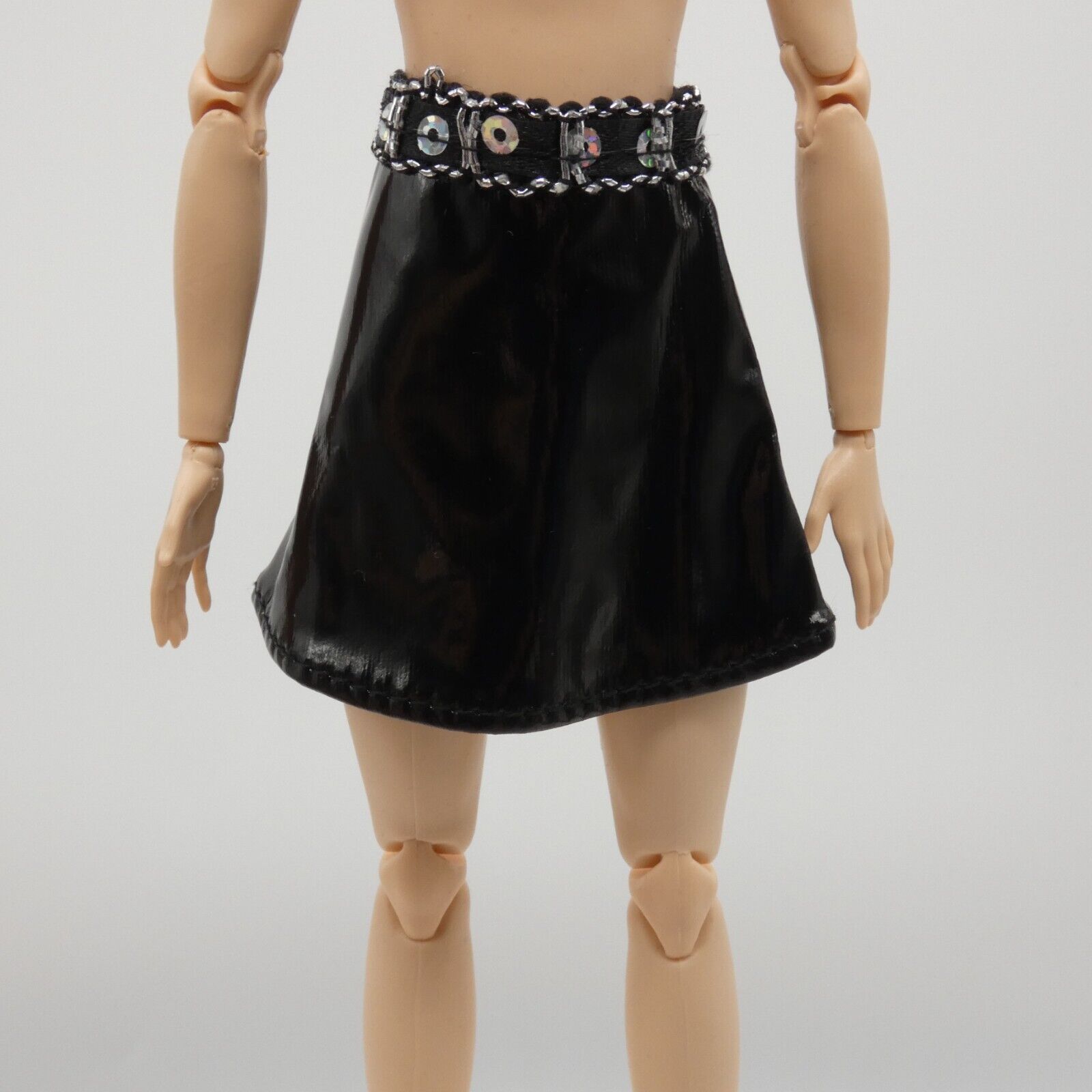 Barbie Doll Size Black Skirt Faux Leather Silver Sequins A Line Mid Thigh