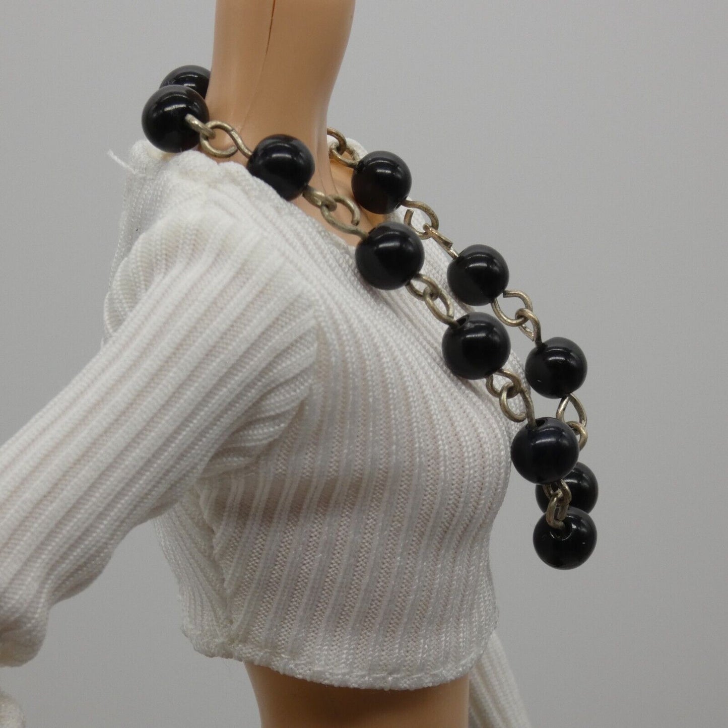 Barbie Doll Size Necklace Beaded Black Silver Chain  fits 11.5 Inch Handmade