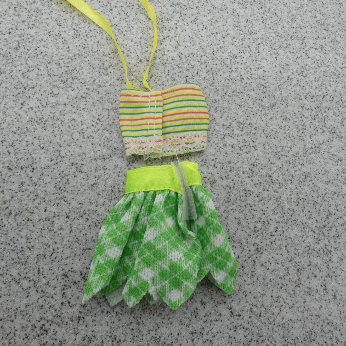 Barbie Doll Size Bikini Swimsuit Two Piece White Halter Top Plaid Green Skirt