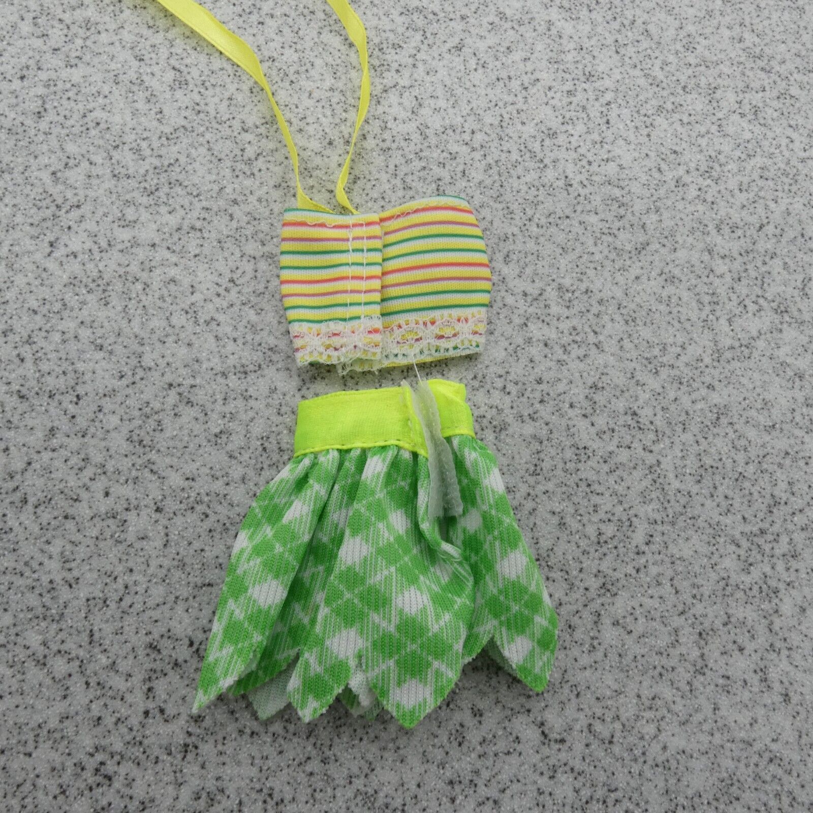 Barbie Doll Size Bikini Swimsuit Two Piece White Halter Top Plaid Green Skirt