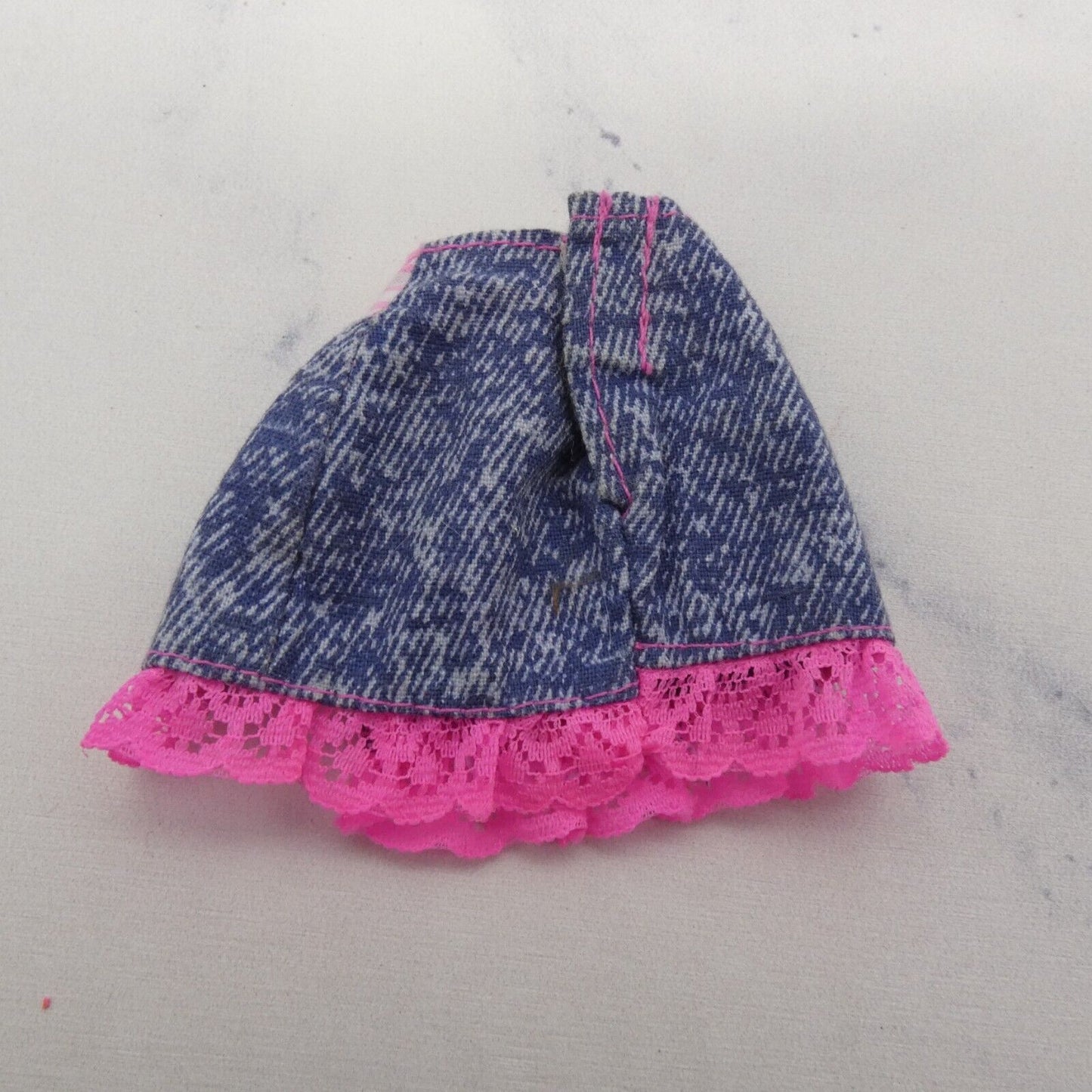 Barbie Doll Size Skirt 80s 90s Super Star Era Blue Jean Denim Like Pink Lace