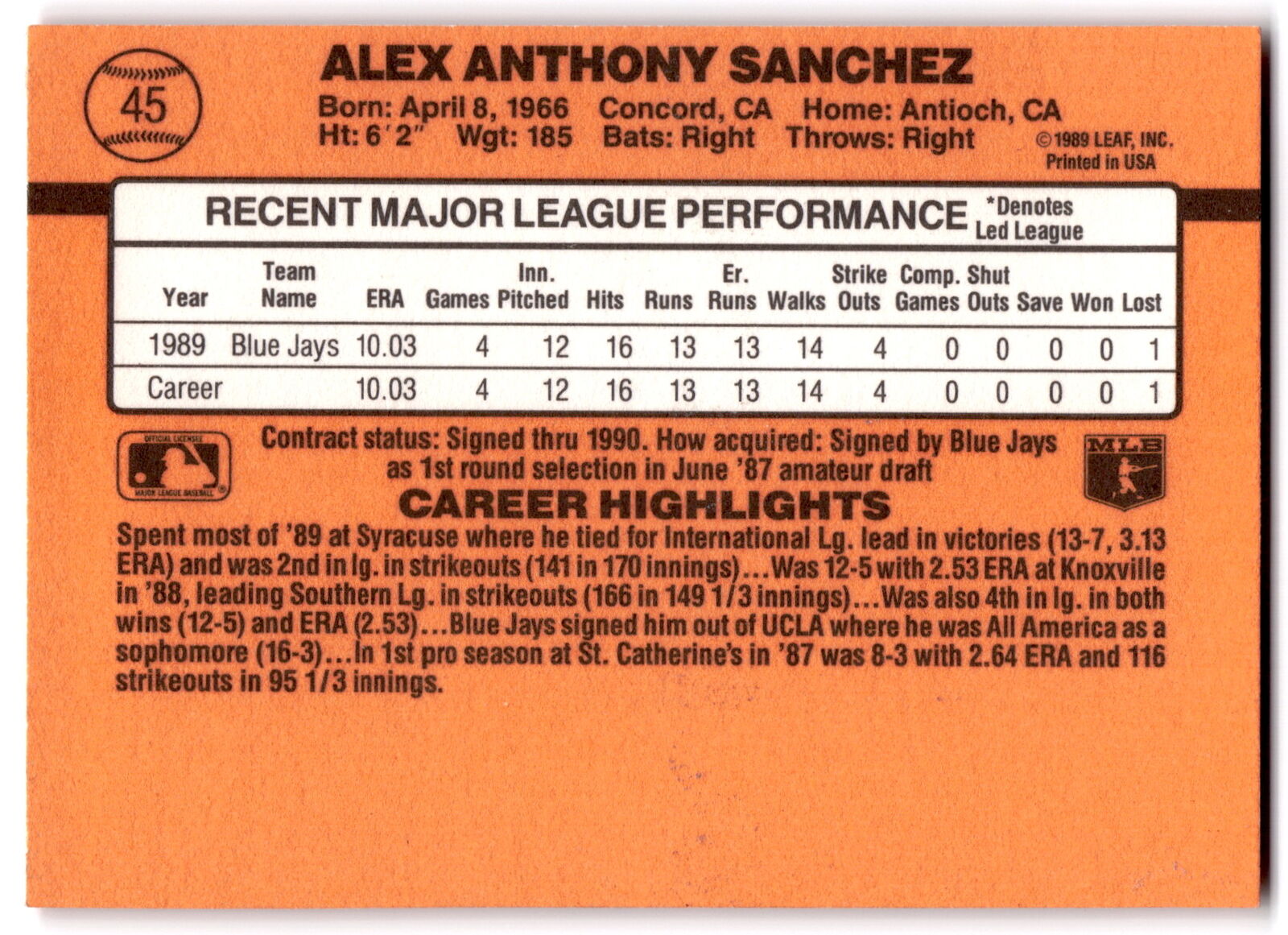 1990 Donruss #45 Alex Sanchez NRMT