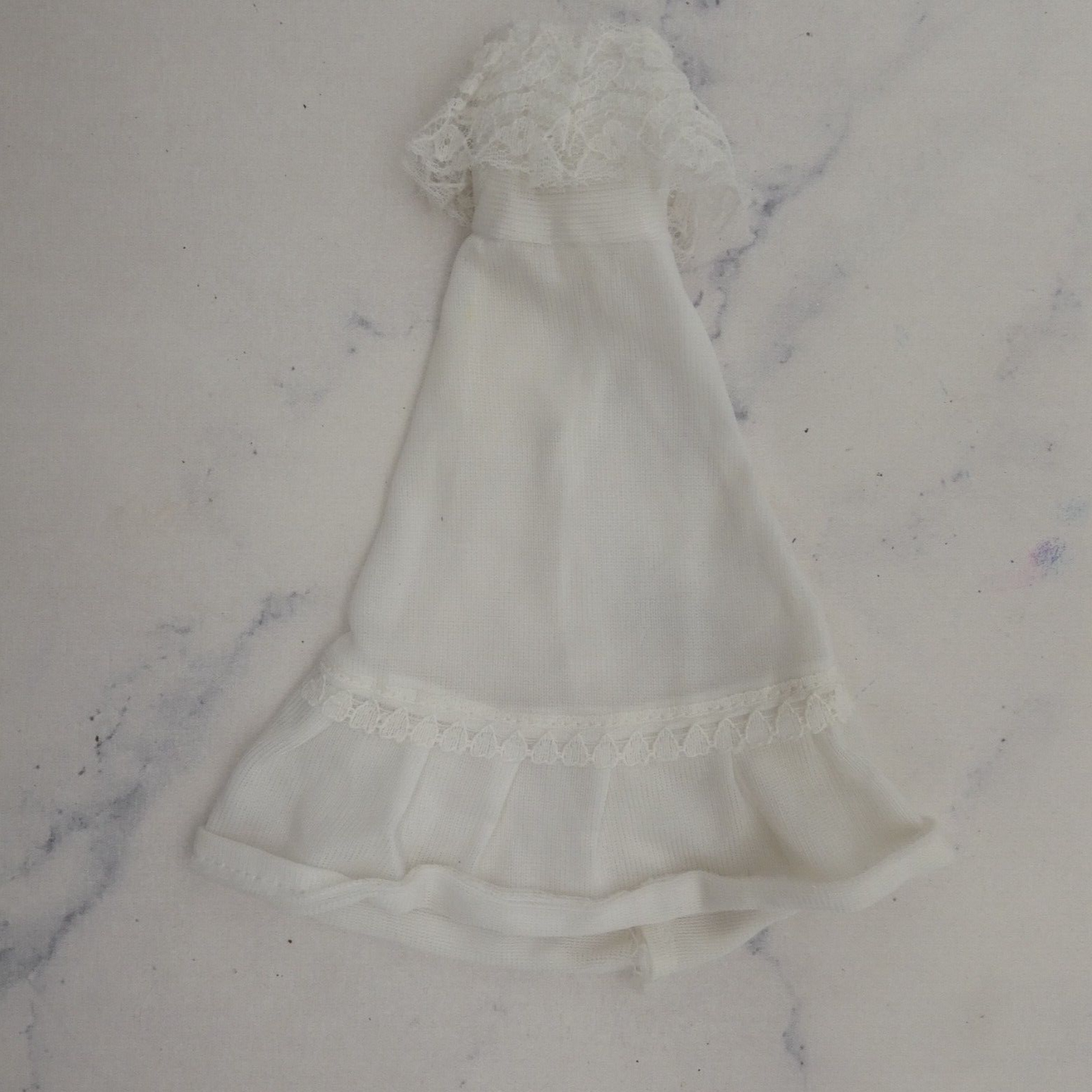 Barbie Doll Size Dress White Silky Satin Like Strapless Sweetheart Lace Accent