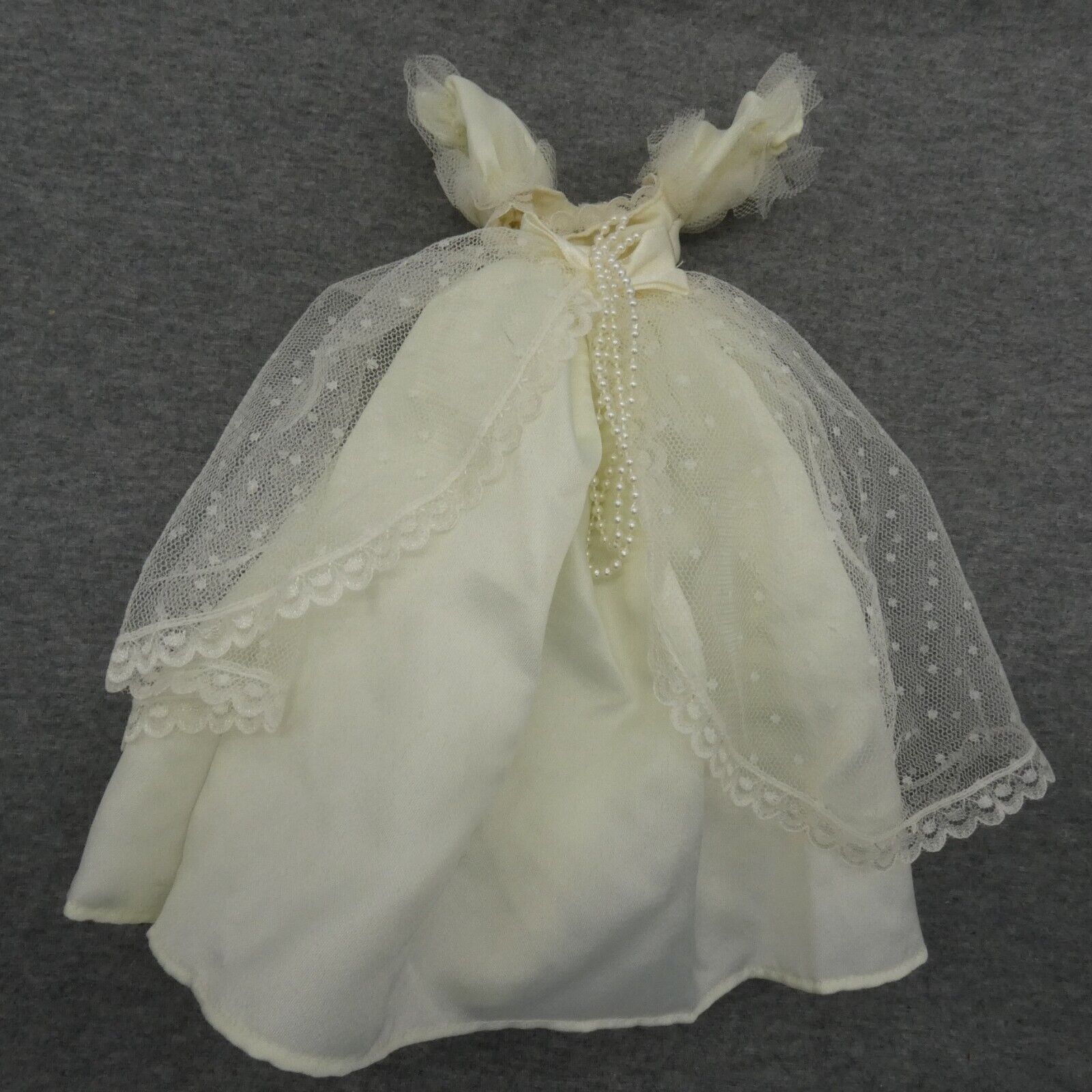 Barbie Doll Size Fashion Dress White Wedding Gown Faux Pearls Tulle Puffy Sleeve