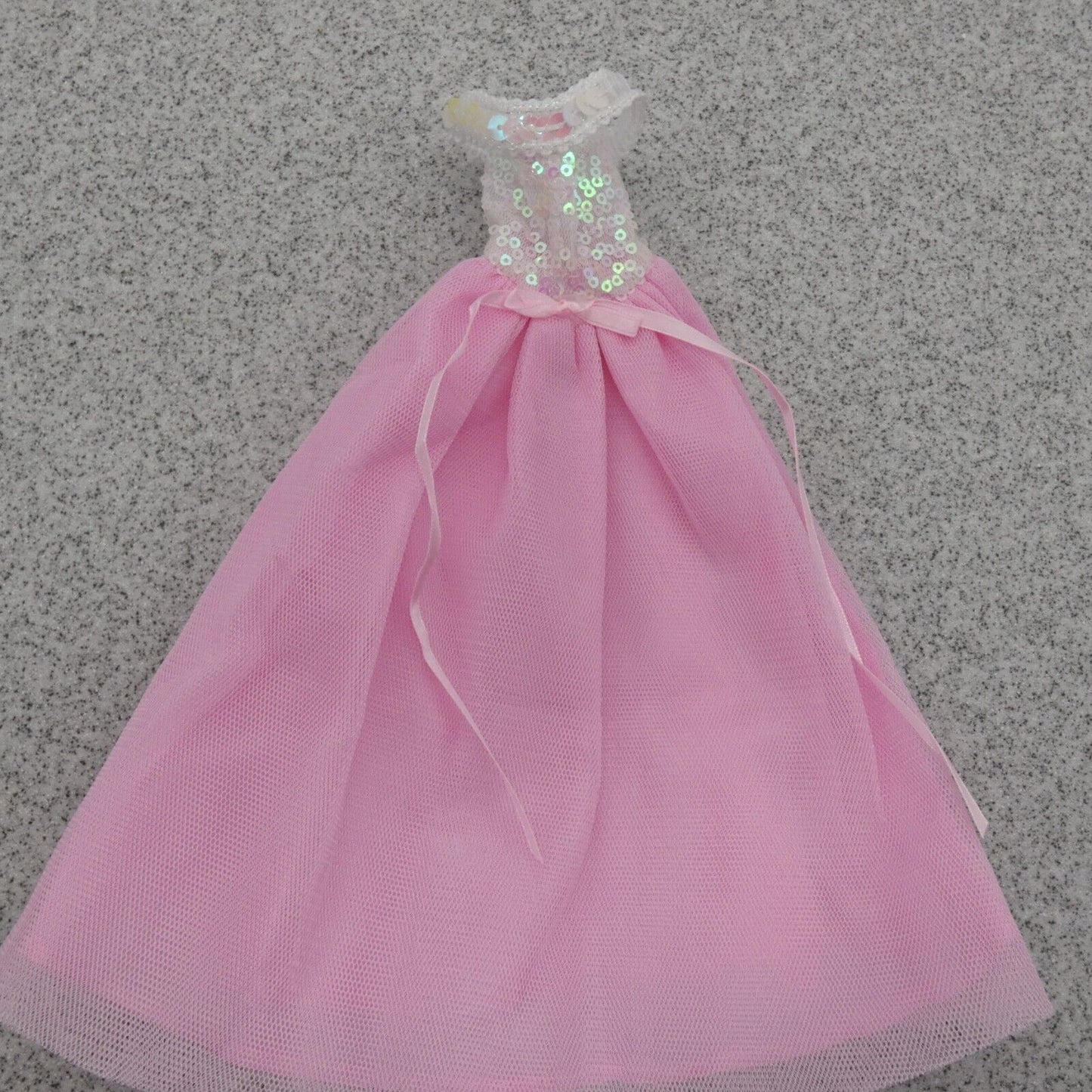 Barbie Doll Size Dress Pink Gown Silver Sequins Bodice Cold Shoulder Tulle Layer