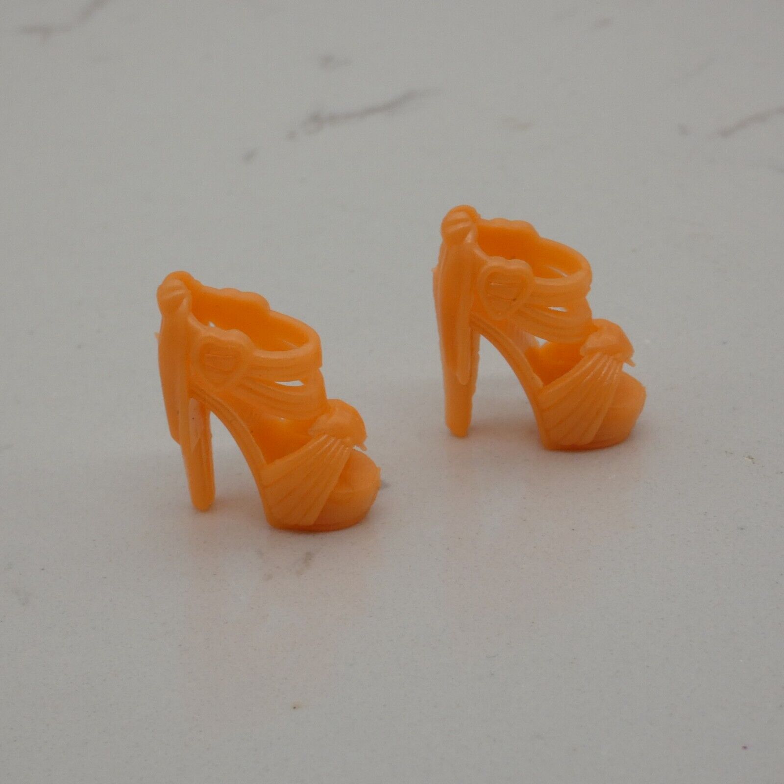 Barbie Doll Size Shoes High Heel Orange Ankle Strap Open Toe Hearts Ribbon Clone