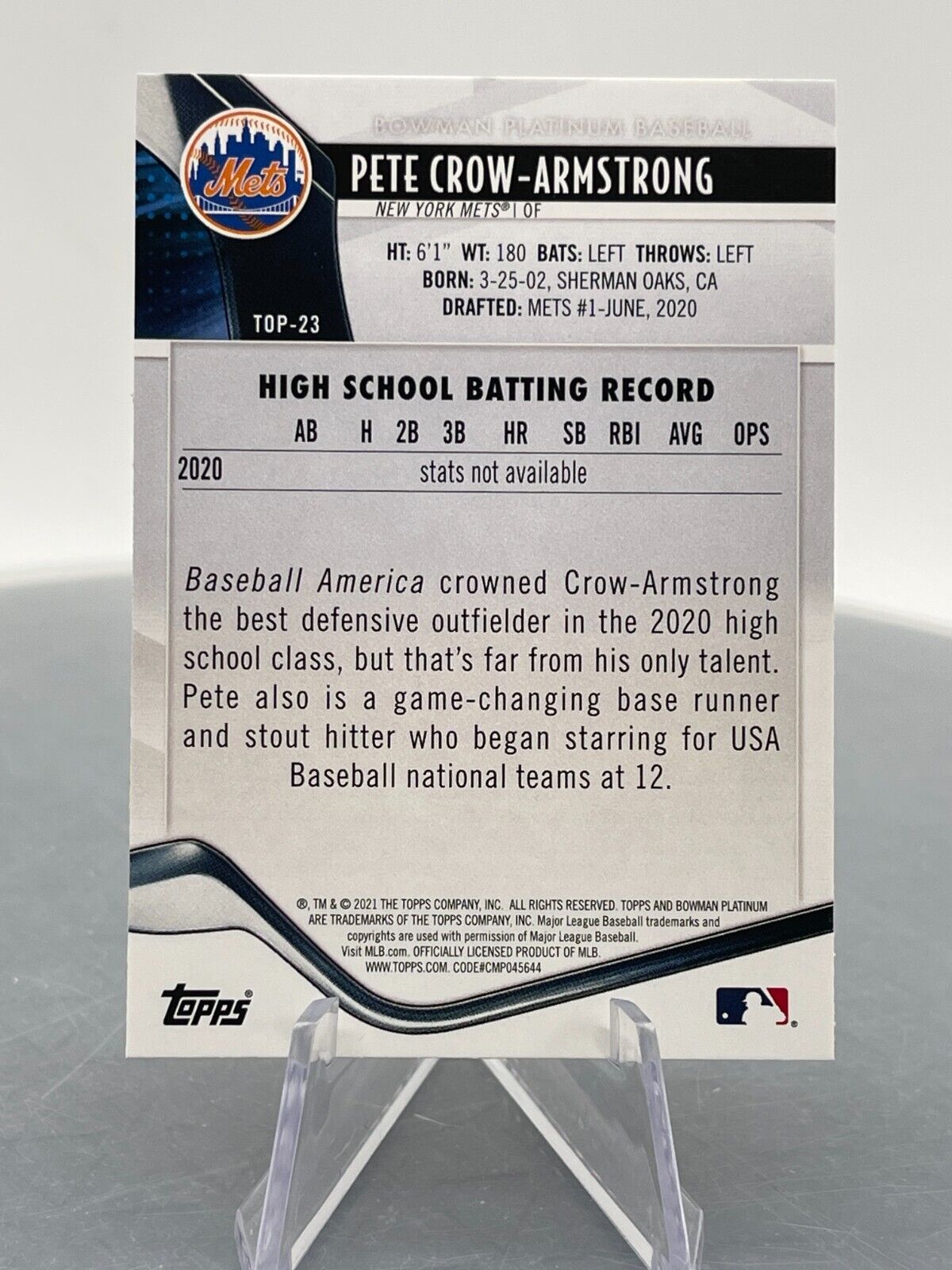 Pete Crow-Armstrong 2021 Bowman Platinum #TOP-23 New York Mets Outfield Topps