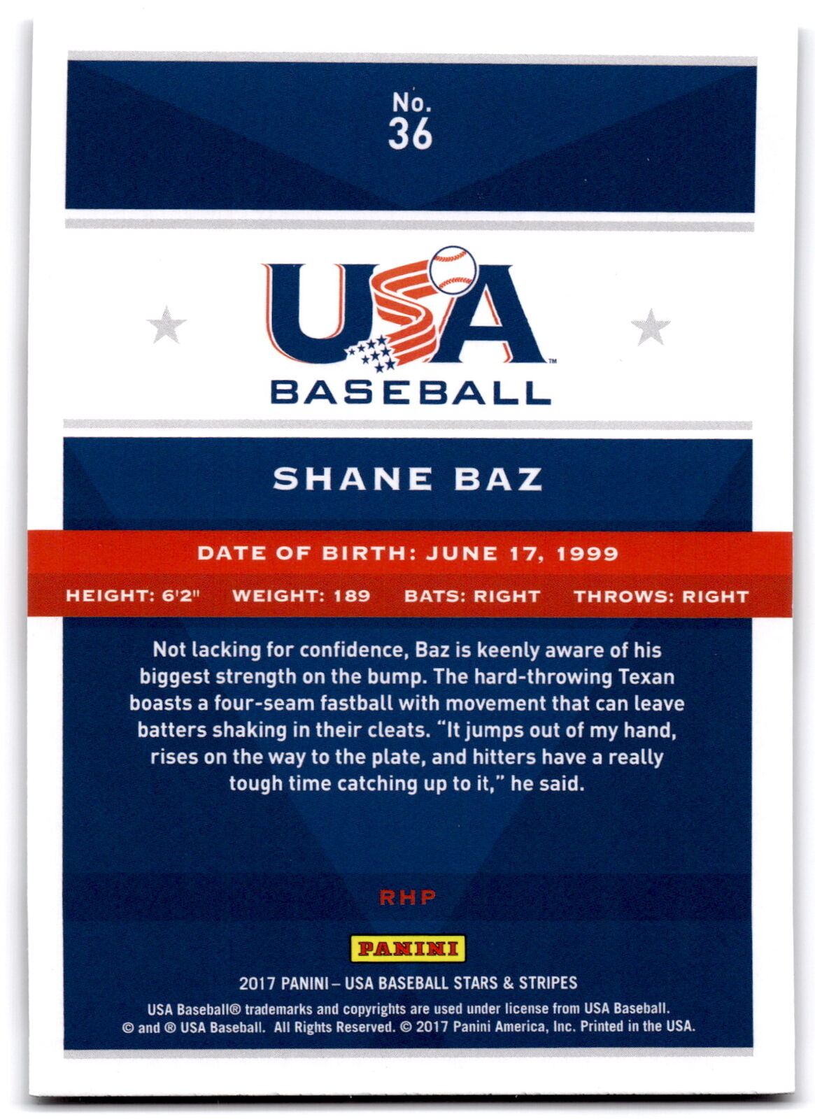 2017 Panini Stars and Stripes #36 Shane Baz Longevity NRMT