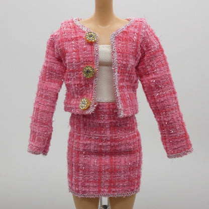 Barbie Doll Size Pink Tweed Suit Jacket Skirt Tube Top Fits Model Muse Xian Xian