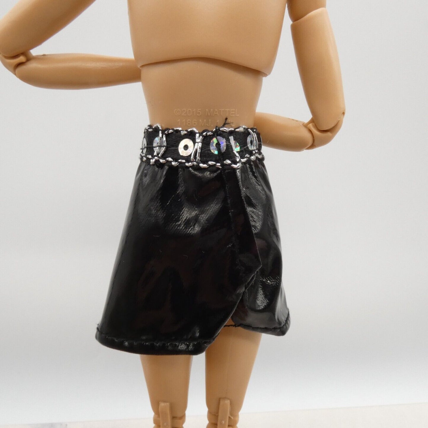 Barbie Doll Size Black Skirt Faux Leather Silver Sequins A Line Mid Thigh Knee