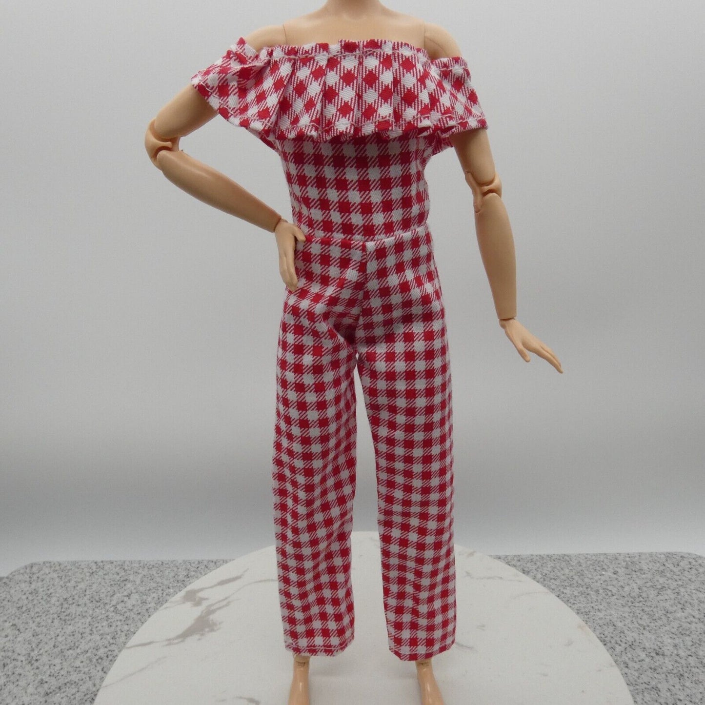 Barbie Doll Size Jumpsuit Red White Gingham Cold Shoulder Ankle Fit Made To Move