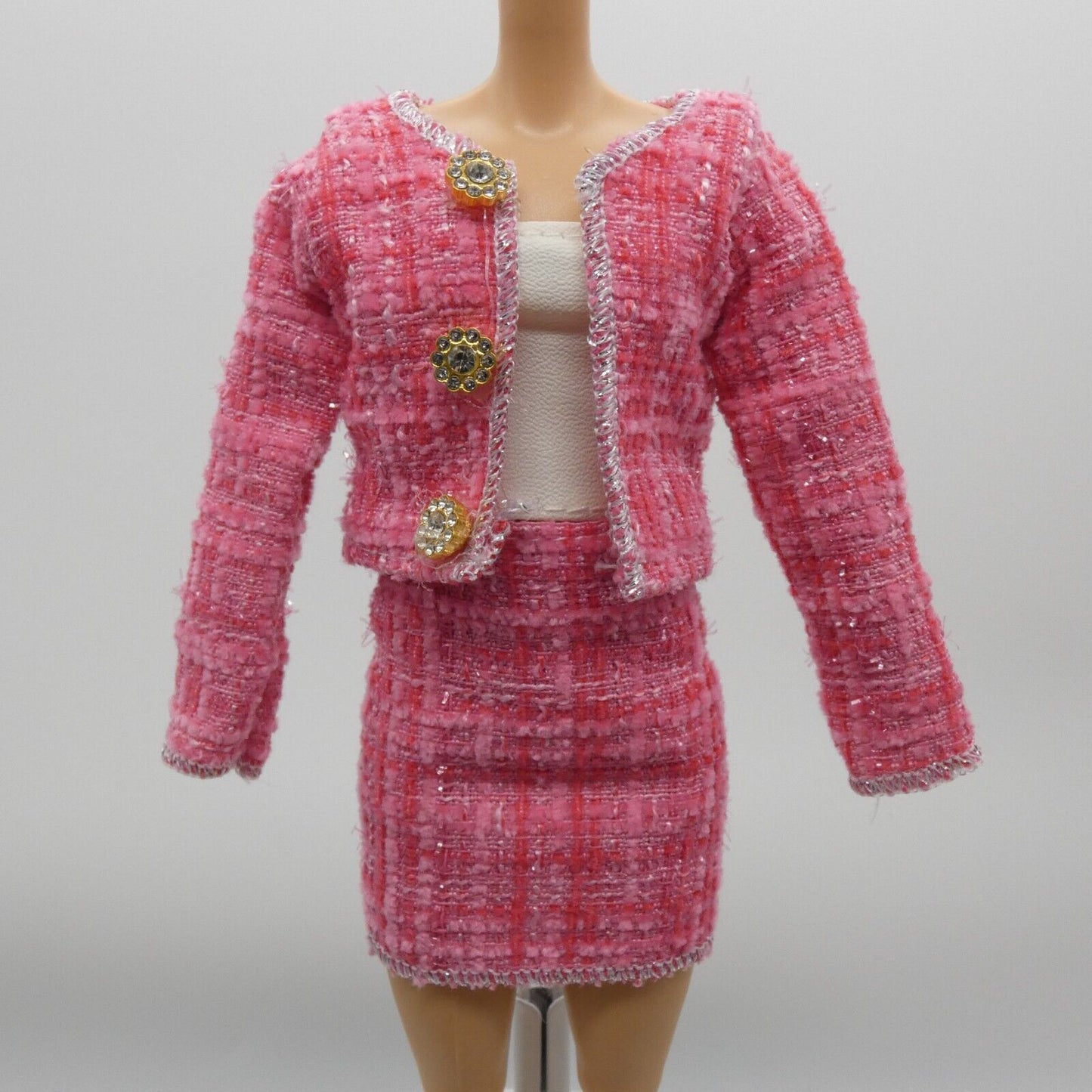 Barbie Doll Size Pink Tweed Suit Jacket Skirt Tube Top Fits Model Muse Xian Xian