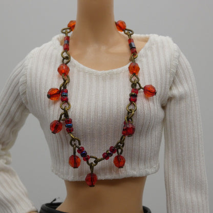 Barbie Doll Size Necklace Red Blue Beaded Bronze Chain fits 11.5 Inch Handmade