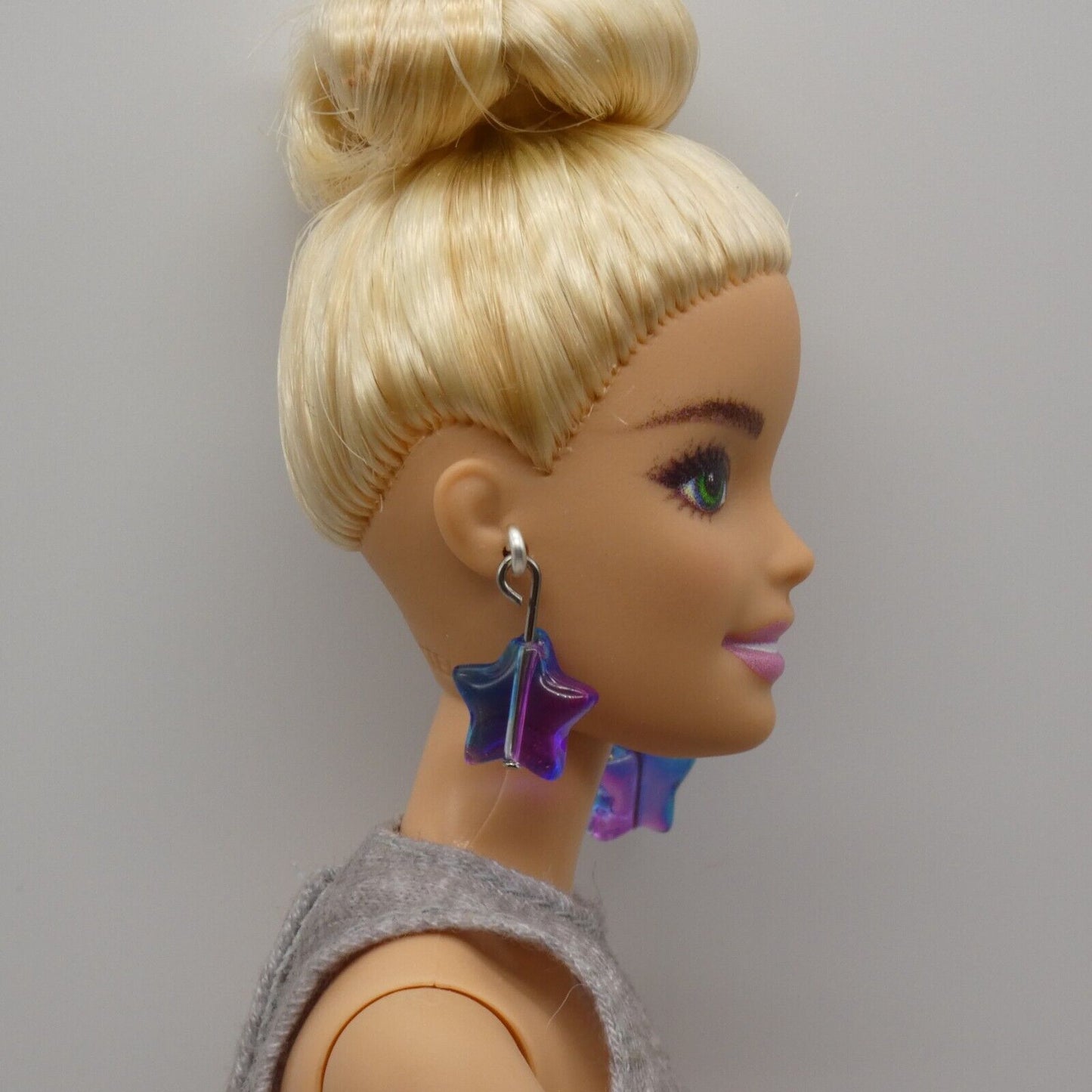 Barbie Doll Size Dangle Earrings Blue Aurora Borealis Stars Silver Handmade OOAK