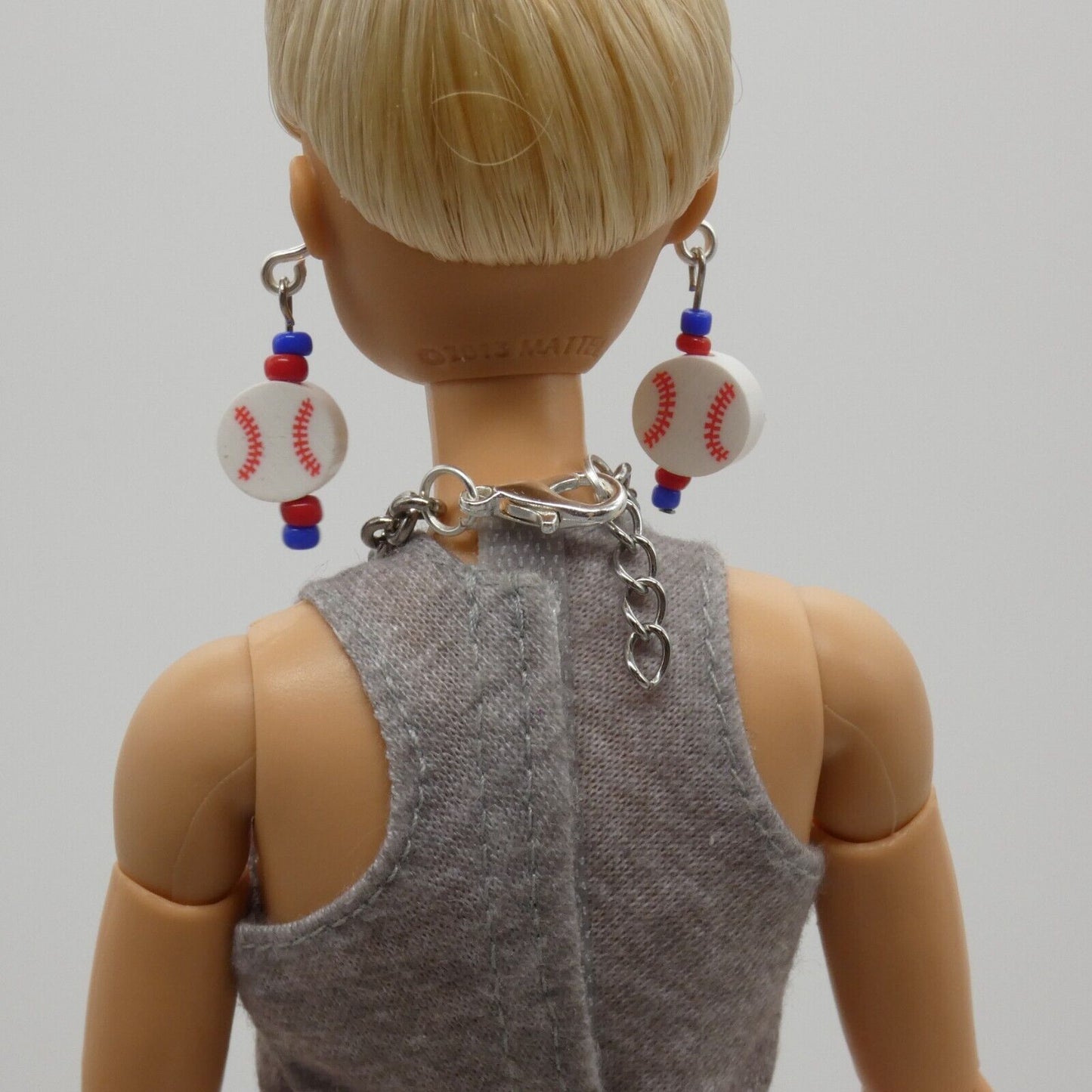 Barbie Doll Size Baseball Earrings And Necklace Blue Red Beads Texas Rangers