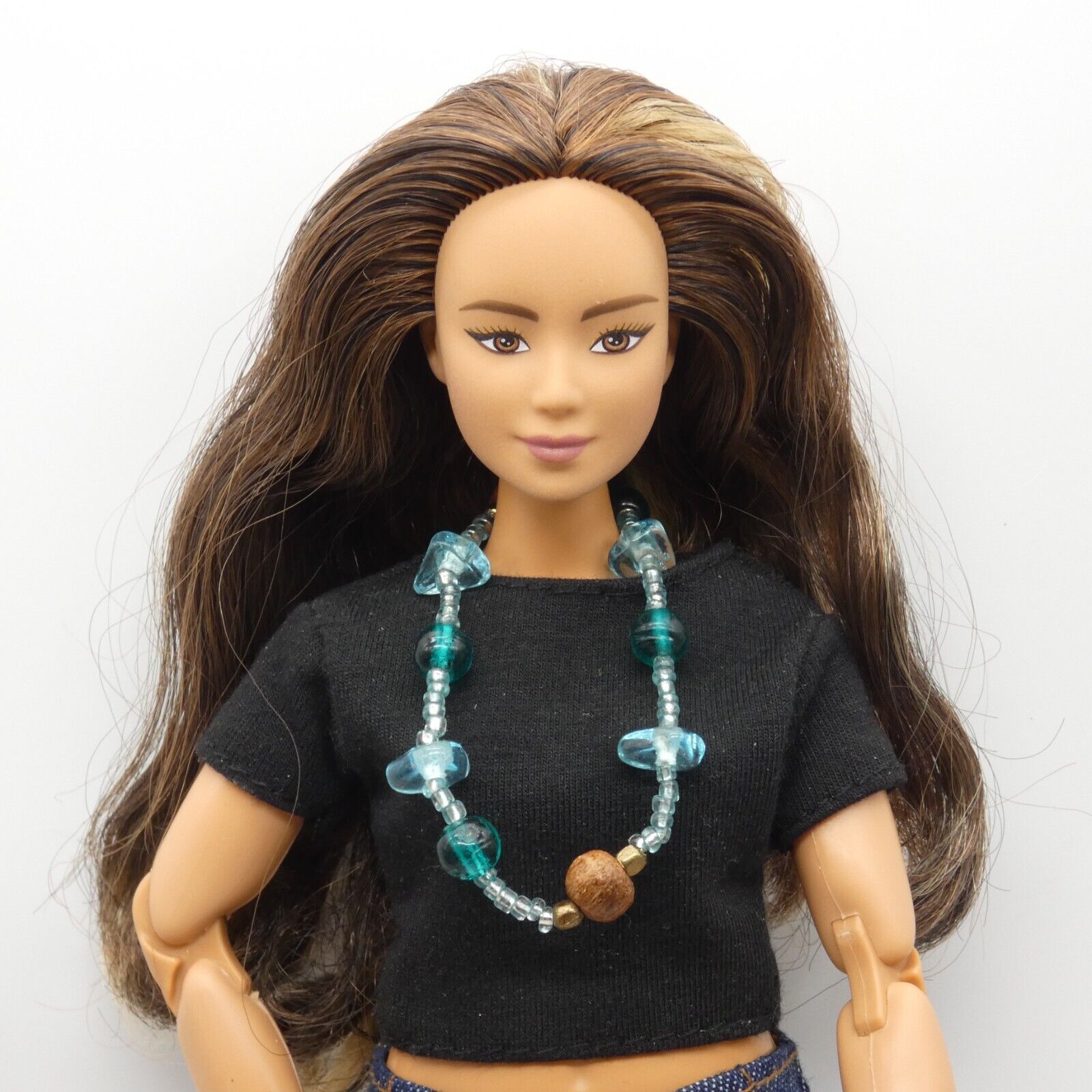 Barbie Doll Size Blue Teal Turquoise Long Beaded Necklace Wood Beads Fashion