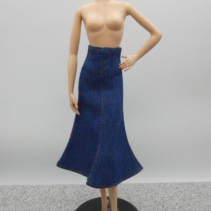 Barbie Doll Size Long Skirt Blue Jean Maxi A Line Slit High Waist Fit Model Muse