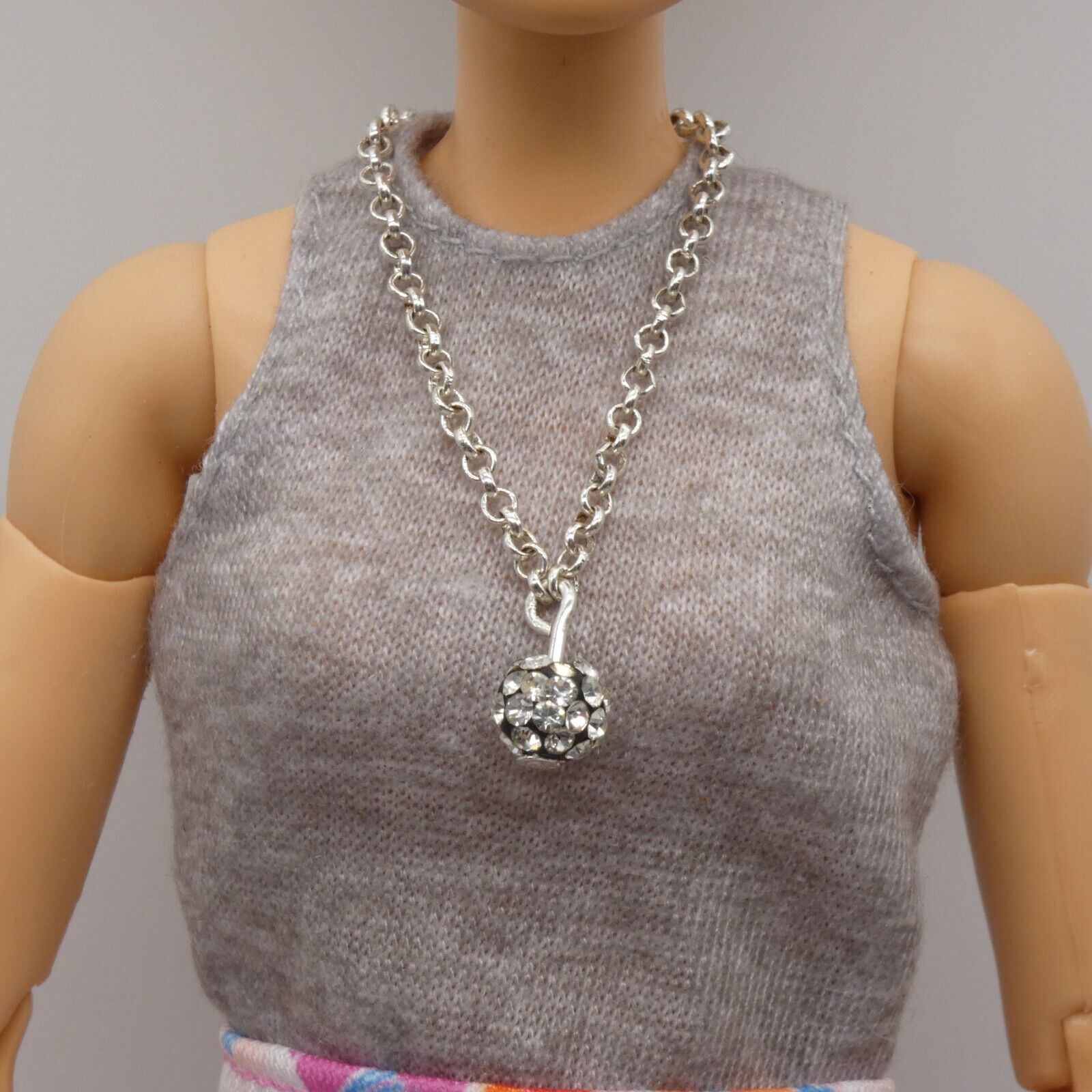 Barbie Doll Size Necklace Rhinestone Globe Pendant Silver Chain Handmade