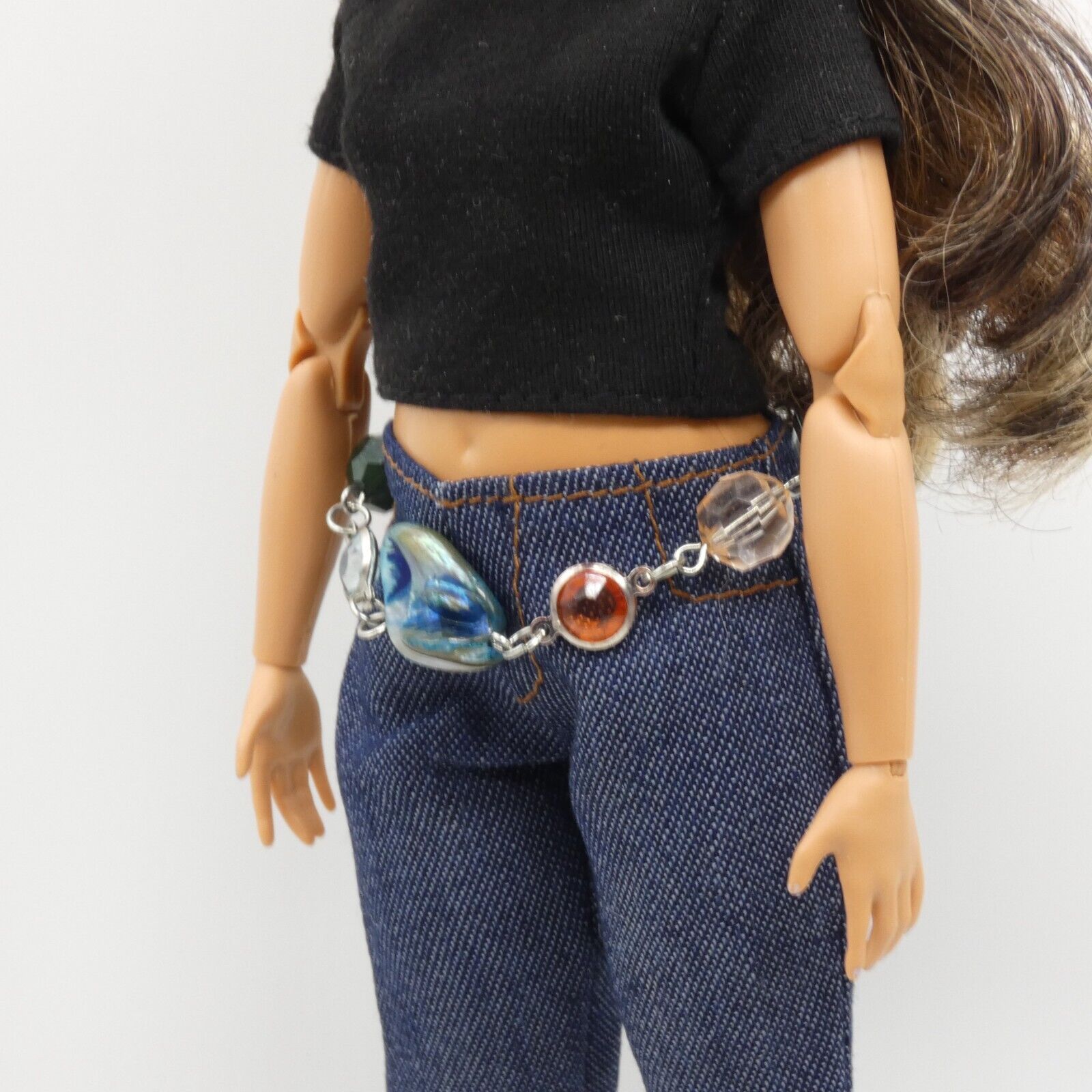 Barbie Curvy Doll Size Silver Chain Belt Beads Earth Tones Blue Shell Handmade