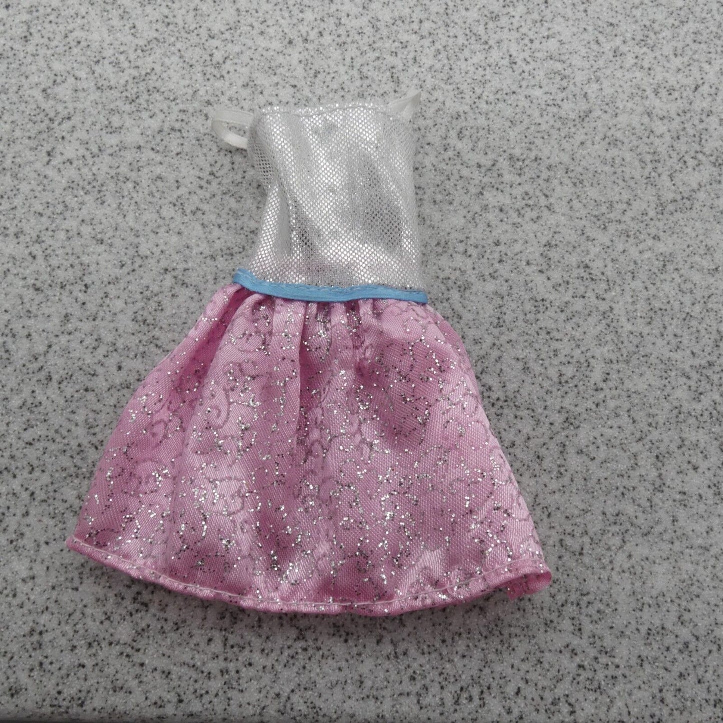 Barbie Doll Dress Silver Bodice Pink Pleated Skirt Blue Ribbon Glitter Sparkle